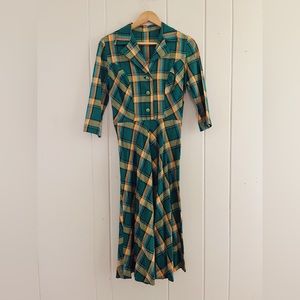 Vintage 50's 60's Handmade Green Plaid 3/4 Sleeve A line Dresss sz Small